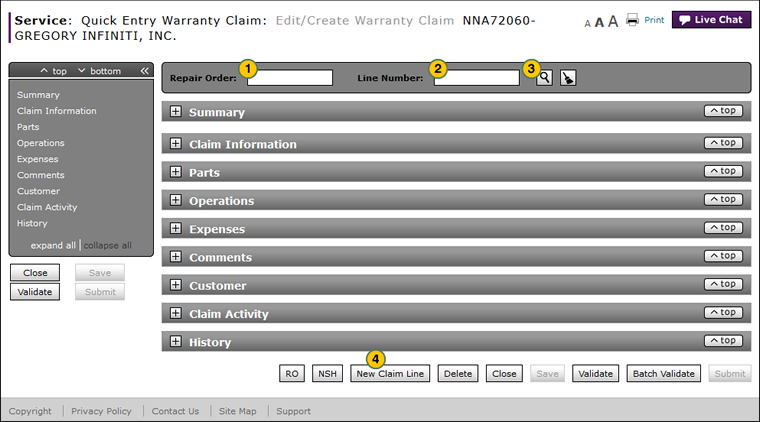 Add a new claim line from Quick Entry Warranty Claim.